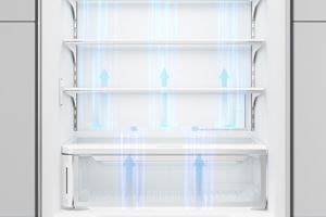 Refrigerador de la serie Classic Sub-Zero de tamaño completo con flechas que muestran el flujo de su control de temperatura Split Climate entre sus compartimentos superior e inferior
